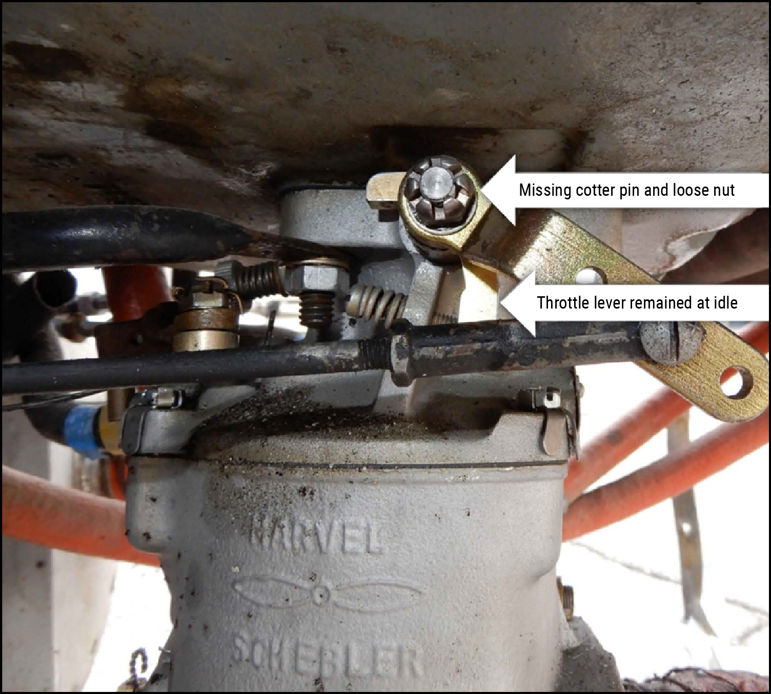 Missing cotter pin and unsecured throttle lever locking nut.