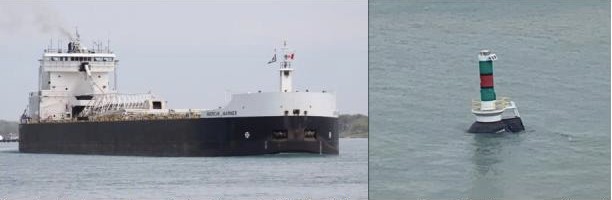 American Mariner before the contact (left) and the upper portion of the Munuscong Channel Junction Light after being struck