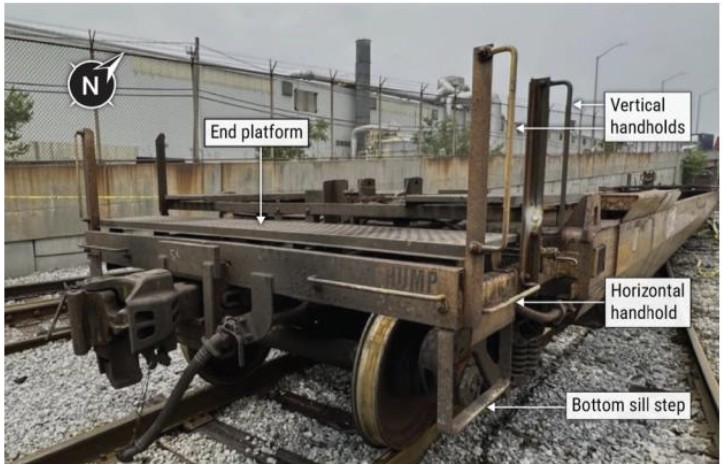 The accident intermodal railcar and several of its railcar safety appliances.