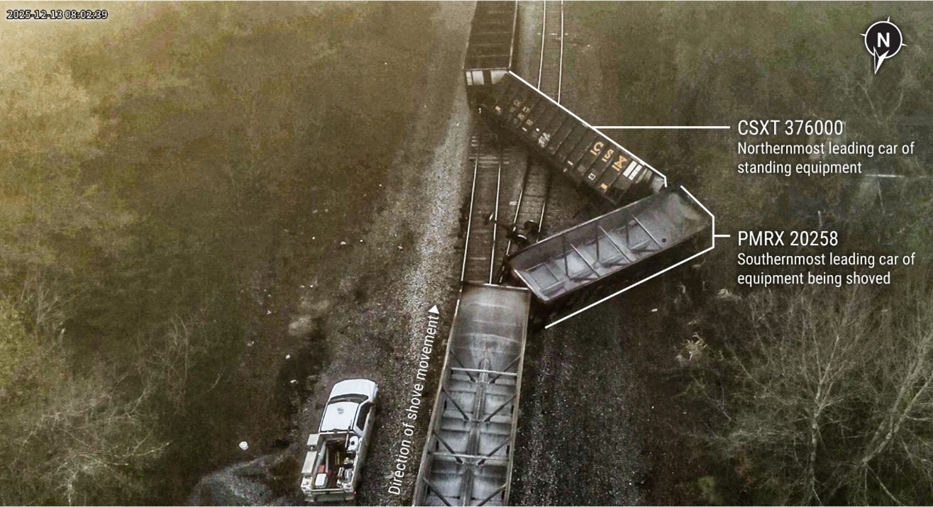 ​Aerial view of the accident scene. The drone image was enhanced for visibility. (Drone photograph: NTSB.)