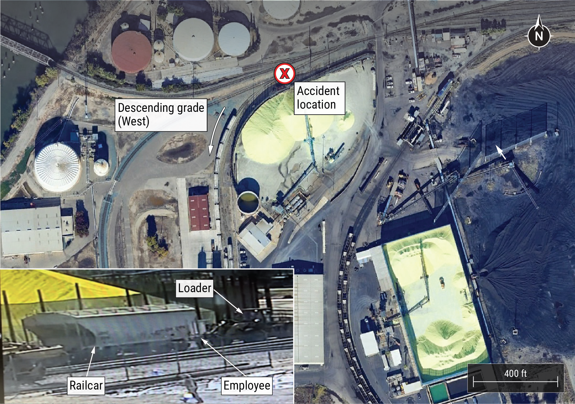  Overhead view of the Port of Stockton containing an inset still frame of the accident in  real time.