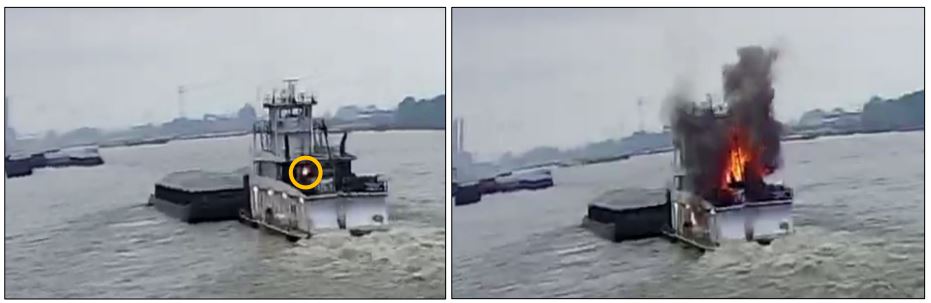 The Mary Lynn pictured when the first open flame was visible on the second deck port side exhaust stack (left) and five seconds