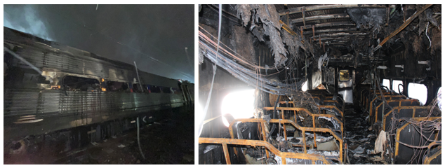Damage to a SEPTA Silverliner IV railcar involved in the Ridley Park, Pennsylvania, fire on Feb. 6. Photo credits: SEPTA (left) 